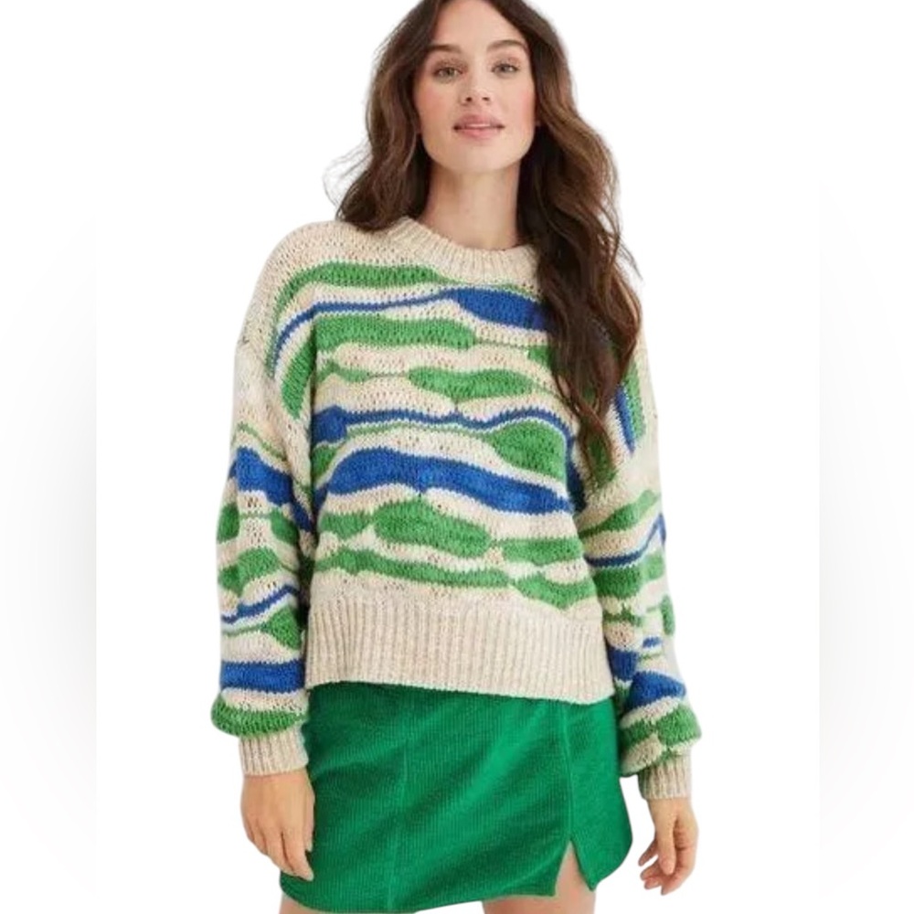 Aerie Intarsia Oversized Chunky Knit Sweater Small Boho Retro  Blue Green Tan